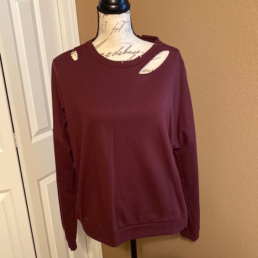 Ripped maroon workout sweatshirt